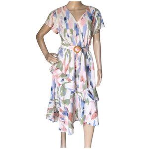 Sofia Jeans Sofia Vergara Ruffle Faux Wrap Midi Dress Size M Pastel Multicolor